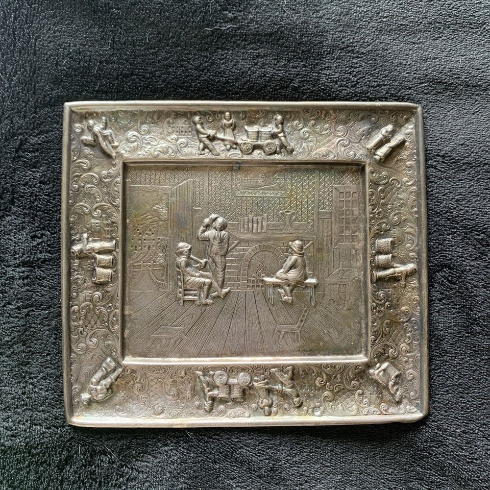 Antique Barbour Silverplate Repousse Fireside Conversation Plaque # 3277A